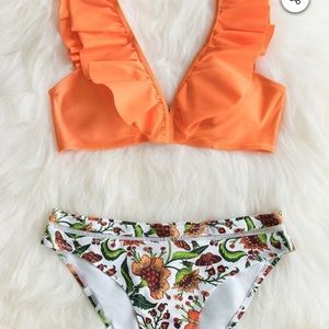 NWT Orange Ruffle Bikini With Floral Bottom